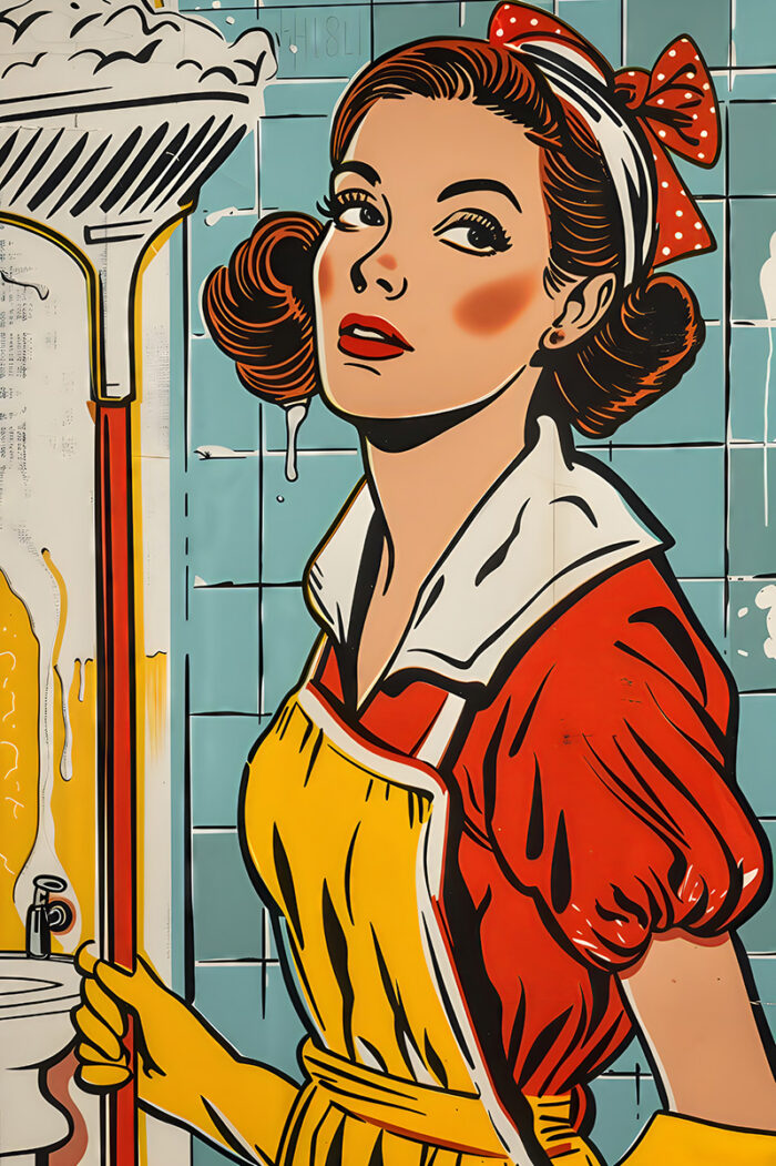product-image Illustration of a woman in retro clothing with a red polka-dot headband, holding a mop and wearing yellow gloves, standing in a tiled bathroom—styled like a vibrant Pop Art Poster. A1 to A4 print sizes.