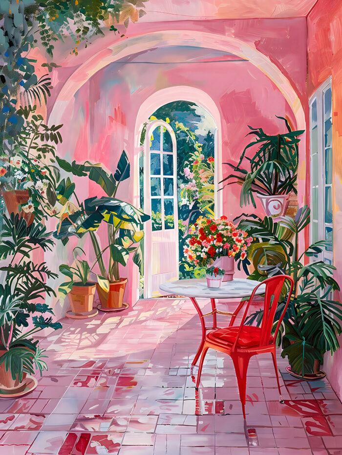 product-image A sunlit pink morning room with potted plants, a small round table, a red chair, and an open door leading to a lush green garden creates the perfect summer retreat—a maximalist art-inspired poster bursting with colour and charm. A1 to A4 print sizes.