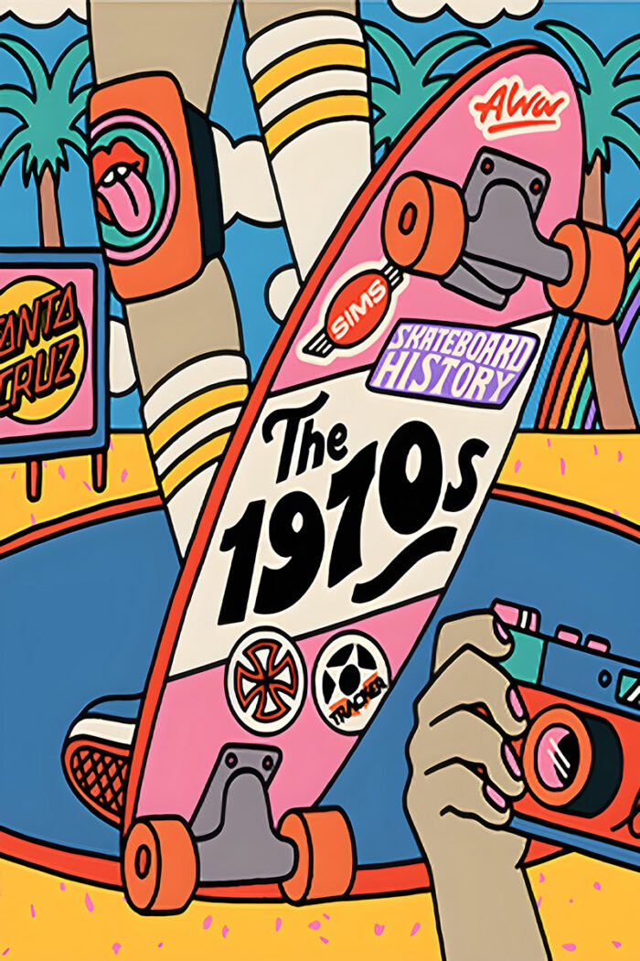 Illustration of a 1970s skateboard held in front of a skate park, with palm trees, colourful stickers, and a camera in retro, pop-art style—a perfect vibe for fans of skateboard art. A1 to A4 print sizes.