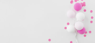 Five pink and white balloons with pink confetti scattered on a white background, arranged to the right side of the image—perfect as a customizable festive balloons banner for a baby shower or birthday background. Add your own text and photos. Prints available in A1 to A4 sizes.
