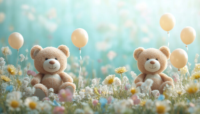 product-image Two teddy bears sit among flowers and yellow balloons in a sunlit, dreamy meadow, perfect for a Teddy Bears Banner or as a customizable poster for special occasions. A1 to A4 print sizes.