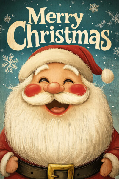 Illustration of a smiling Santa Claus in a red hat and suit, styled like a Vintage Christmas Poster, with Merry Christmas written above him on a blue background with snowflakes. Prints available in A1 to A4 sizes.