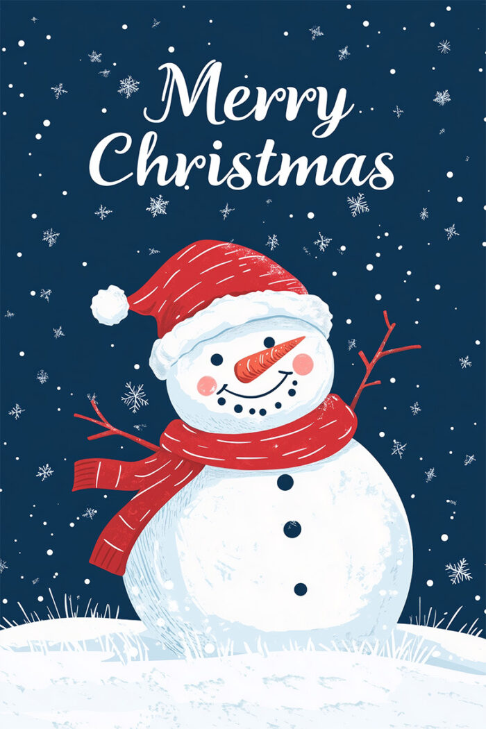 product-image Festive poster featuring a cheerful snowman in a red scarf and Santa hat, with Merry Christmas text above, set against a snowy night sky. Prints available in A1 to A4 sizes.