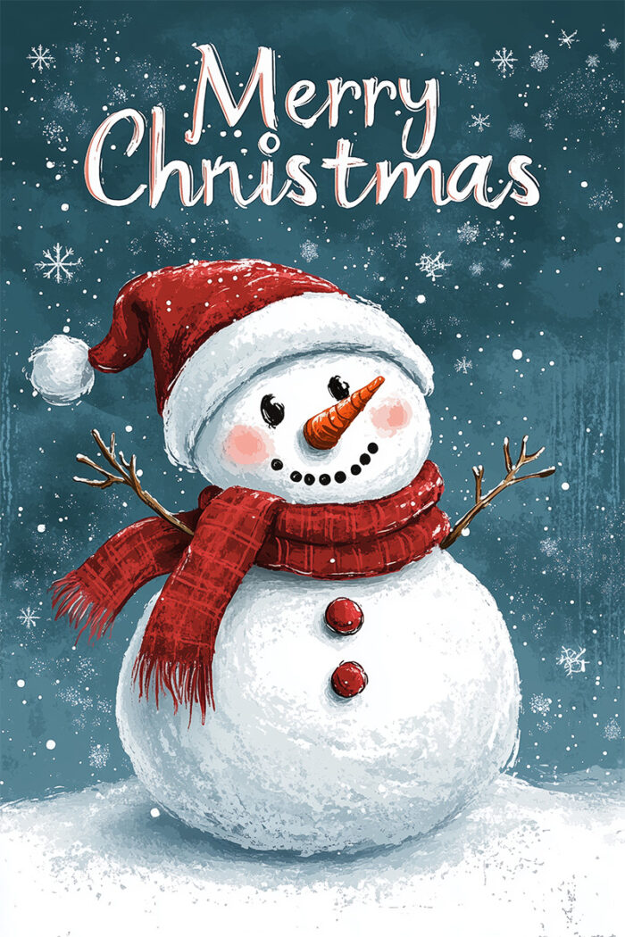 product-image Traditional Christmas illustration of a snowman in a red hat and scarf, smiling with stick arms beneath Merry Christmas on a snowy, dark blue background—perfect for a festive Christmas poster. Prints available in A1 to A4 sizes.