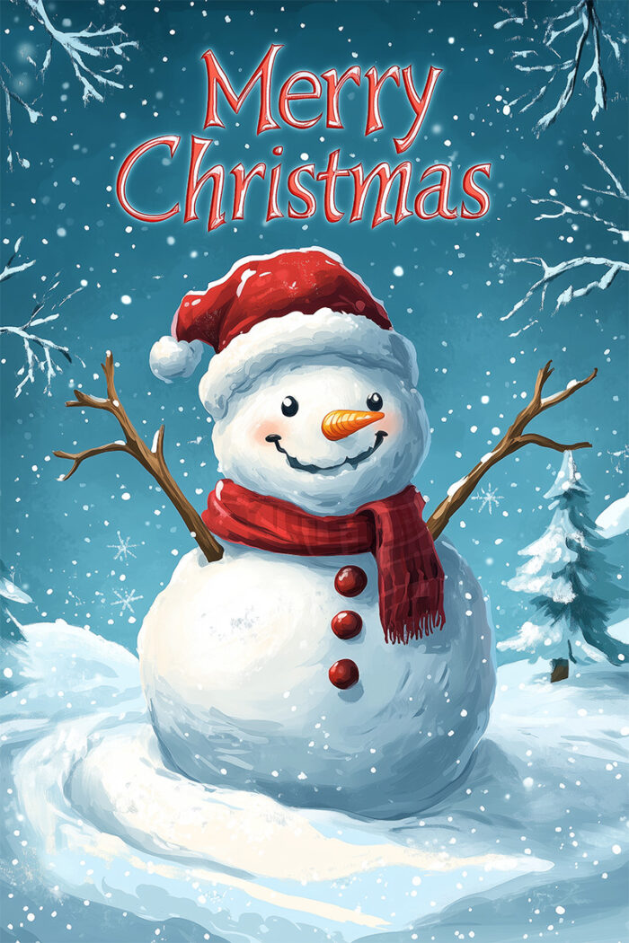 product-image A Traditional Christmas scene: a snowman with a red scarf and Santa hat stands in a snowy landscape; text above reads Merry Christmas, perfect for a festive Christmas Poster. Prints available in A1 to A4 sizes.