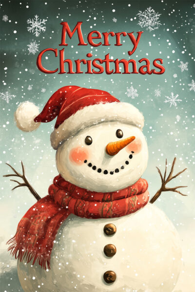 A smiling snowman wearing a Santa hat and red scarf is surrounded by falling snow, with Merry Christmas written above in red letters—perfect for a traditional Christmas poster. Prints available in A1 to A4 sizes.