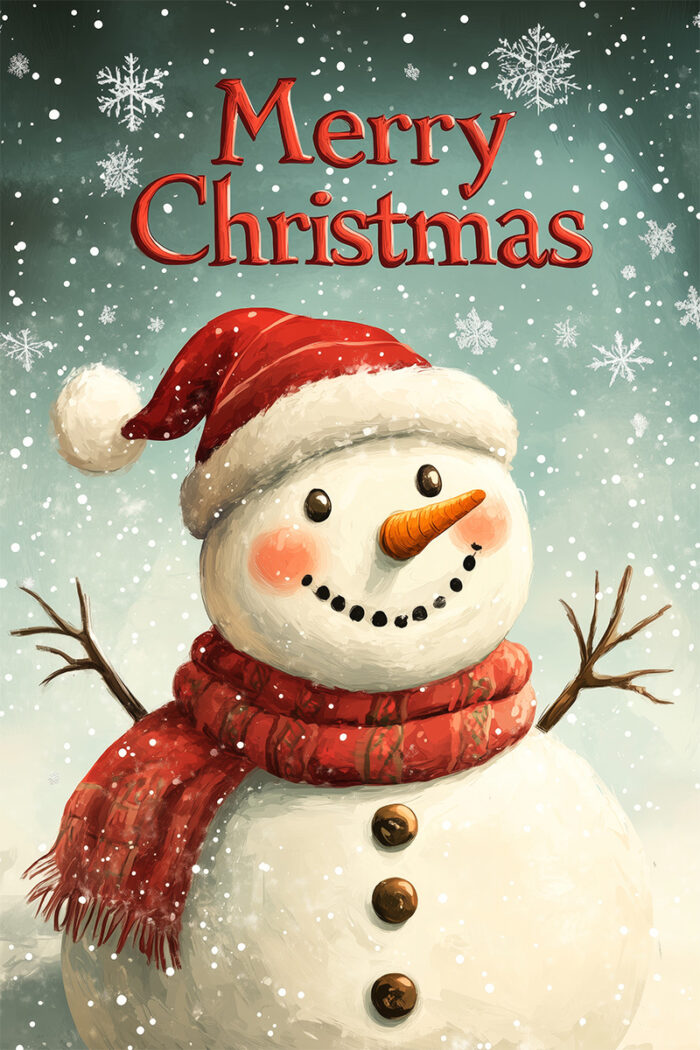 product-image A smiling snowman wearing a Santa hat and red scarf is surrounded by falling snow, with Merry Christmas written above in red letters—perfect for a traditional Christmas poster. Prints available in A1 to A4 sizes.