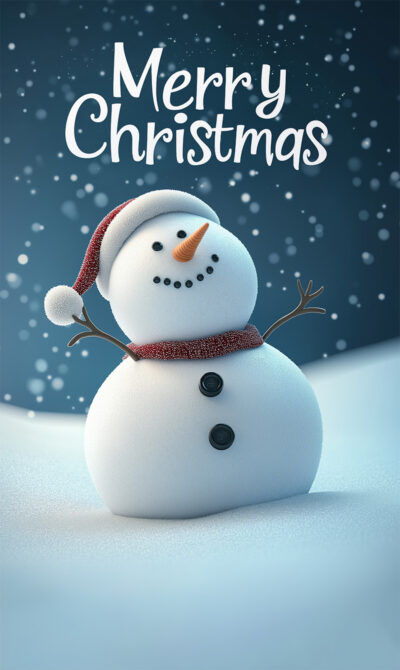A snowman with a carrot nose and button eyes stands in the snow under falling snowflakes, with Merry Christmas written above. Perfect as a Customizable Christmas Poster—Add Your Own Text for a personal touch! Prints available in A1 to A4 sizes.