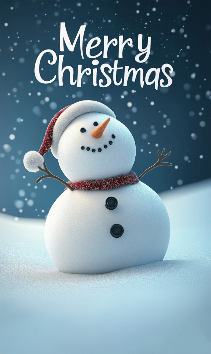 product-image A snowman with a carrot nose and button eyes stands in the snow under falling snowflakes, with Merry Christmas written above. Perfect as a Customizable Christmas Poster—Add Your Own Text for a personal touch! Prints available in A1 to A4 sizes.