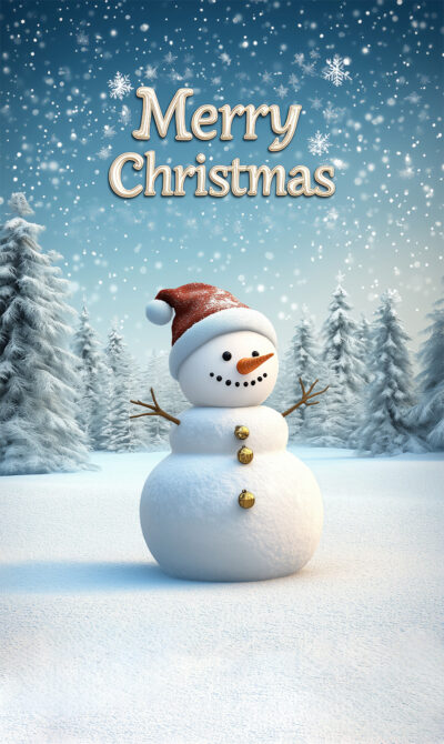 A customizable Christmas poster featuring a snowman with a red hat and carrot nose standing among snowy pines. Merry Christmas shines above in gold, as snow falls gently—add your own text and photos for a personal touch! Prints available in A1 to A4 sizes.