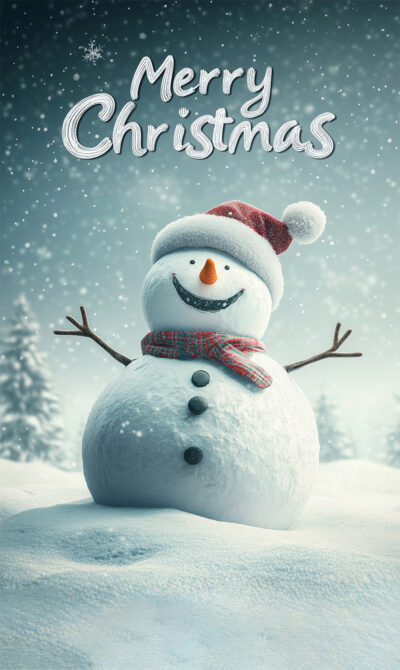 A customizable Christmas poster featuring a snowman with a red scarf and Santa hat stands in a snowy landscape beneath the words Merry Christmas, with snow falling in the background. Add your own text for a personal touch! Prints available in A1 to A4 sizes.