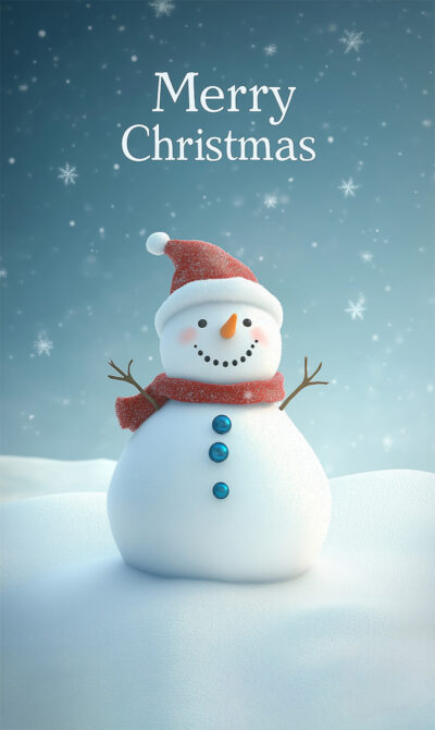 A Snowman Poster featuring a snowman in a red hat and scarf stands on snowy ground under falling snowflakes, with Merry Christmas above. This customizable Christmas poster lets you add your own text for a personal touch. Prints available in A1 to A4 sizes.