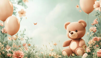 A cute teddy bear sits in a flower meadow with peach balloons and soft pastel flowers, perfect for special occasions or as a customizable poster. A1 to A4 print sizes.