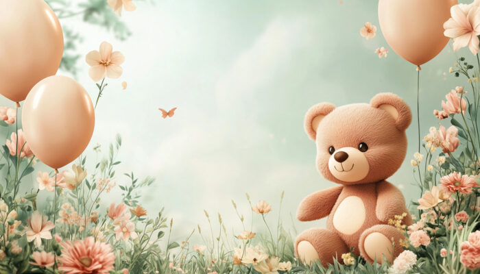 product-image A cute teddy bear sits in a flower meadow with peach balloons and soft pastel flowers, perfect for special occasions or as a customizable poster. A1 to A4 print sizes.