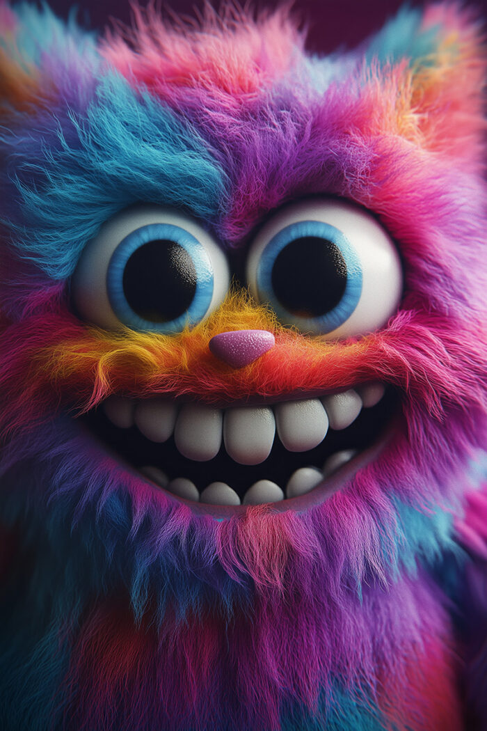 product-image A fuzzy, colourful creature with big blue eyes and a wide, toothy smile on its face—perfect for a colourful monster poster to brighten any space. A1 to A4 print sizes.