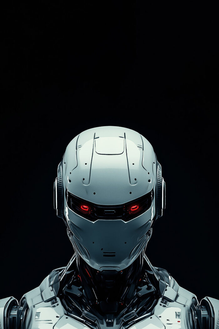 product-image A silver humanoid robot with glowing red eyes faces forward against a dark background—perfect as a customizable poster where you can add your own text to create the ultimate robot poster for your space. A1 to A4 print sizes.