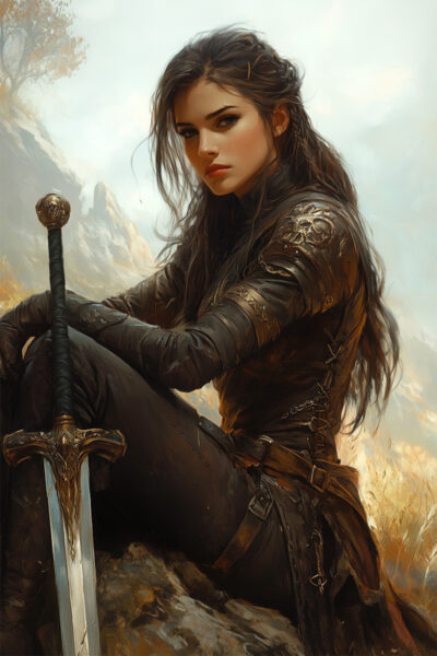 A fierce female warrior in dark armour sits on a rock, holding a sword, with a misty landscape behind her—an inspiring Female Warrior Poster for any space. A1 to A4 print sizes.