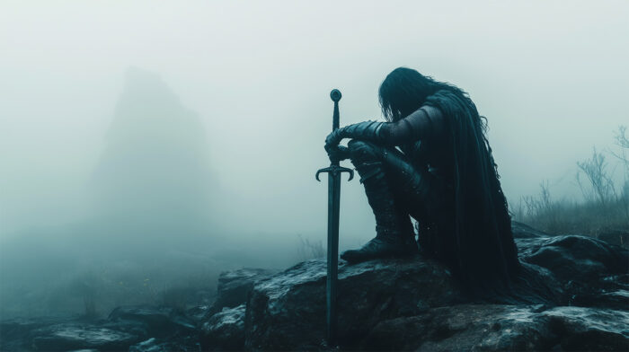 A lone armored hero sits on a rock, resting on his sword in a misty, desolate landscape—perfect for a Male Warrior Poster or customizable poster design. A1 to A4 print sizes.