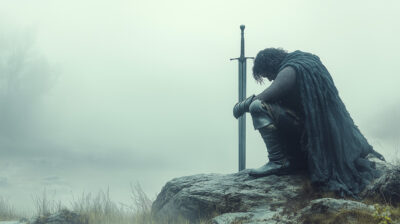 A male warrior in armour kneels with his head bowed, resting on a sword amid a misty landscape—perfect for a customizable poster where you can add your own text. A1 to A4 print sizes.