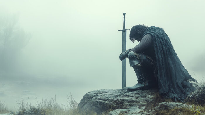 product-image A male warrior in armour kneels with his head bowed, resting on a sword amid a misty landscape—perfect for a customizable poster where you can add your own text. A1 to A4 print sizes.