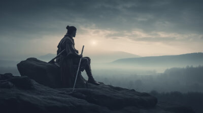 A lone male warrior with a sword sits on a rocky ledge at sunrise, overlooking a misty, mountainous landscape—perfect for a customizable poster where you can add your own text. A1 to A4 print sizes.