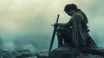 A female warrior in worn clothes kneels on rocks, head bowed and hands resting on a sword, with misty fog behind. This customizable poster lets you add your own text for a unique touch. A1 to A4 print sizes.
