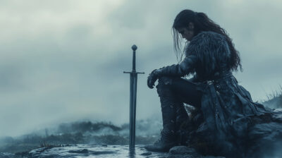 A lone female warrior in dark armour kneels by a sword in a misty, desolate landscape. This customizable poster lets you add your own text for a unique piece of art. A1 to A4 print sizes.