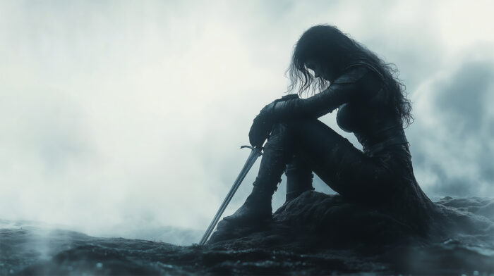 A female warrior in armour sits on a rock, head bowed, holding a sword amid foggy, desolate surroundings. This customizable poster lets you add your own text for a personal touch. A1 to A4 print sizes.
