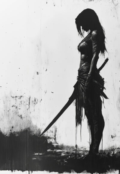 A striking Female Warrior Poster featuring a silhouette of a sword-wielding woman in profile against a textured white background. This customizable poster lets you add your own text for a personal touch. A1 to A4 print sizes.