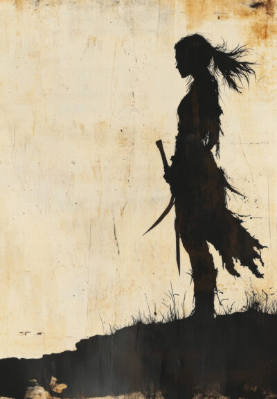 Silhouette of a female warrior holding a sword, standing on a grassy hill with a textured background. Customizable poster—add your own text for a personal touch. A1 to A4 print sizes.