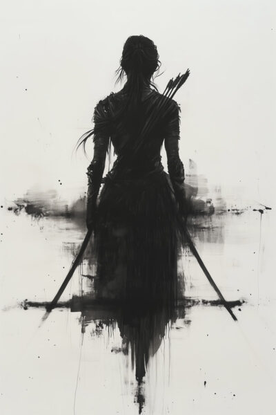 A striking Female Warrior silhouette with bow and arrows stands against a white background, framed by bold black ink splatters—a perfect Warrior Poster for any space. A1 to A4 print sizes.