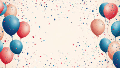 Red and blue balloons with confetti scattered on a light background, framing an empty central space—perfect for a customizable poster where you can add your own text or birthday banner. A1 to A4 print sizes.