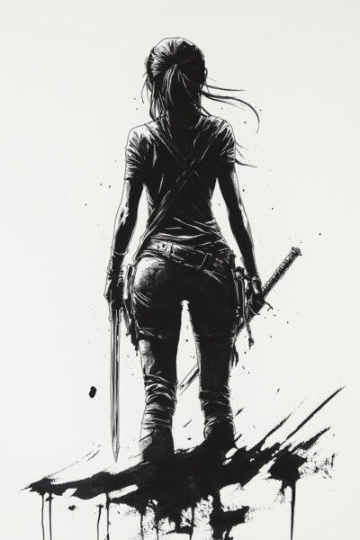 Ink illustration of a woman holding a knife and sword, standing confidently with her back to the viewer—an empowering Female Warrior Poster perfect for bold, inspiring spaces. A1 to A4 print sizes.