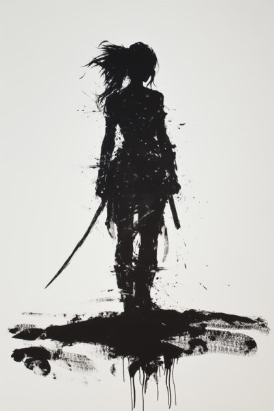 Silhouette of a female warrior holding a sword, painted in bold black brush strokes on a white background—perfect as a striking Female Warrior Poster. A1 to A4 print sizes.