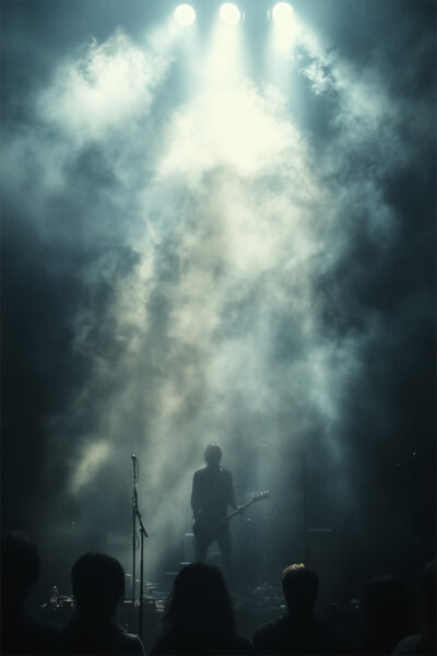 A guitarist from a rock band performs on a smoky, dimly lit stage with an audience silhouetted in the foreground—perfect for a customizable gig poster. A1 to A4 print sizes.
