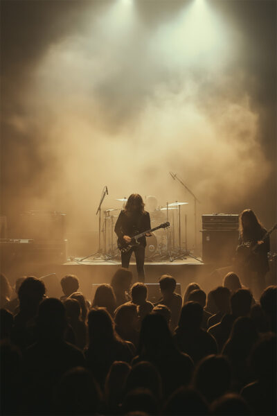 A rock band performs on stage with guitars and drums, smoky lighting, and a crowd watching in front—perfect for a customizable gig poster where you can add your own text. A1 to A4 print sizes.