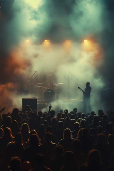 Silhouetted rock band performs on stage with colourful lights and smoke as a crowd watches—perfect for a customizable gig poster where you can add your own text. A1 to A4 print sizes.