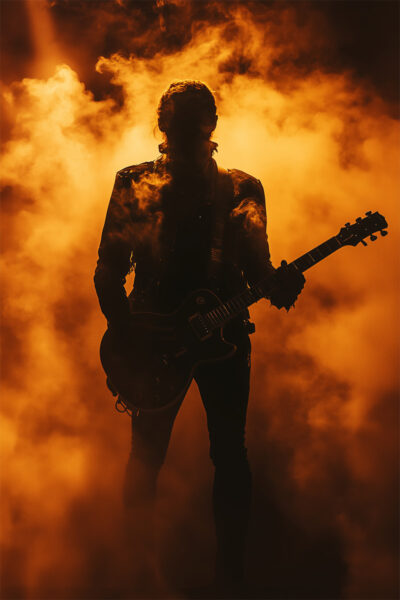Silhouette of a rock guitarist playing electric guitar, surrounded by orange stage smoke and dramatic lighting—an iconic look for a striking guitarist poster. A1 to A4 print sizes.