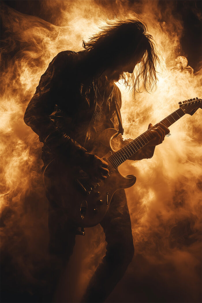 product-image Silhouette of a guitarist playing electric guitar, surrounded by dramatic orange smoke and backlighting—an electrifying Rock Guitarist poster for true music fans. A1 to A4 print sizes.