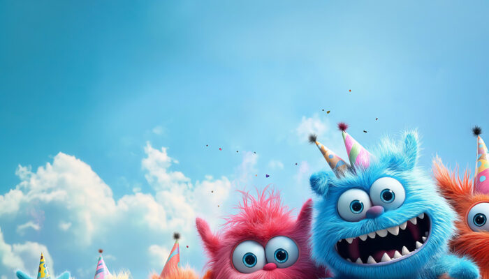 product-image Colourful, fuzzy monsters wearing party hats, smiling under a bright blue sky with fluffy clouds—perfect for a Monster Birthday Party! Add your own text to this customizable poster for a personalized party touch. A1 to A4 print sizes.
