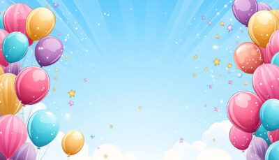 Colourful balloons and gold stars frame a bright blue sky with clouds, creating a festive and cheerful Birthday Banner Background—perfect as a customizable poster to add your own text for any celebration. A1 to A4 print sizes.