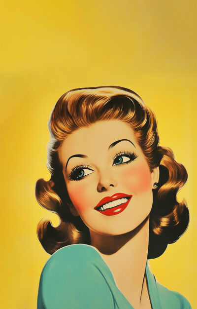 Retro-style illustration of a smiling woman with wavy hair against a bright yellow background, perfect as a sassy woman poster or vintage style poster for your space. A1 to A4 print sizes.
