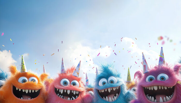 product-image Furry, colourful monsters wearing party hats smile under confetti against a bright blue sky in this customizable poster—perfect for a Monster Birthday Party. Add your own text to make it extra special! A1 to A4 print sizes.