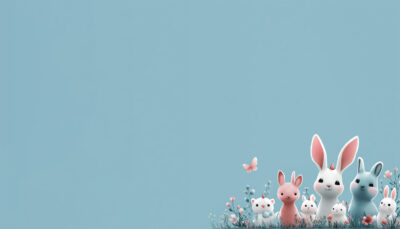 Cute cartoon bunnies and mice with flowers and a butterfly on a blue background, perfect for a charming poster, gathered in the lower right corner. A1 to A4 print sizes.