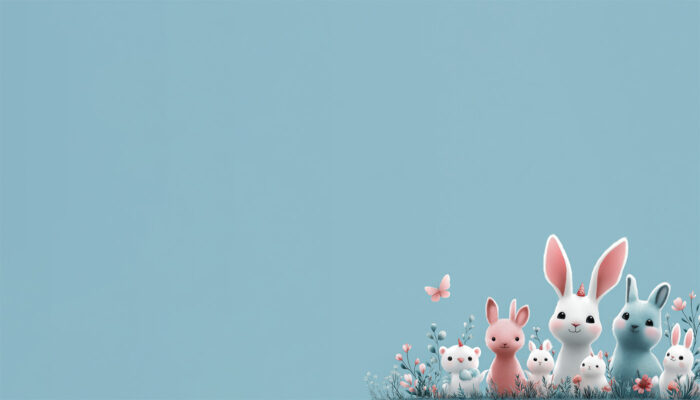 product-image Cute cartoon bunnies and mice with flowers and a butterfly on a blue background, perfect for a charming poster, gathered in the lower right corner. A1 to A4 print sizes.
