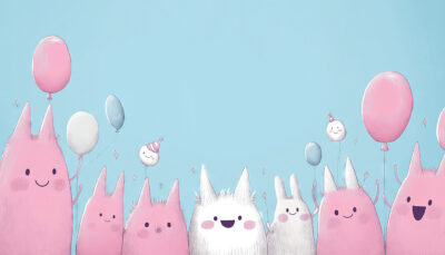 Cute pink and white cartoon creatures with balloons and party hats, smiling against a blue background. Perfect for a Woodland Creatures Birthday Party, this customizable poster lets you add your own text for a personal touch! A1 to A4 print sizes.