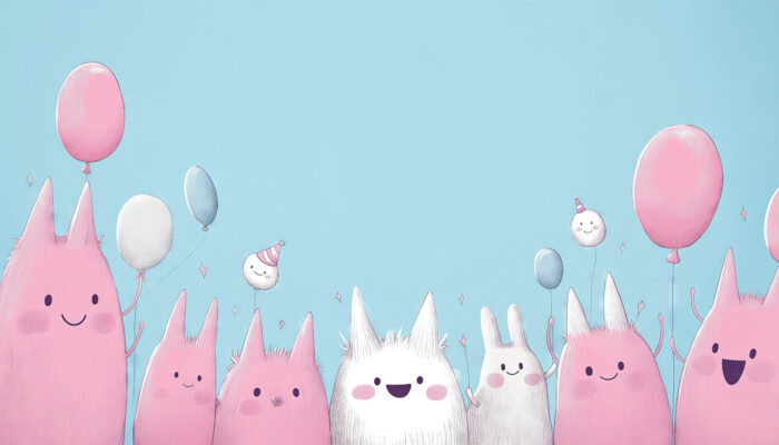product-image Cute pink and white cartoon creatures with balloons and party hats, smiling against a blue background. Perfect for a Woodland Creatures Birthday Party, this customizable poster lets you add your own text for a personal touch! A1 to A4 print sizes.
