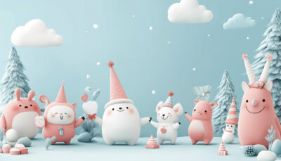 Adorable pastel woodland creatures wearing party hats gather for a birthday party in a snowy, wintery scene with trees and clouds—perfect for a cheerful poster. A1 to A4 print sizes.