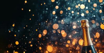 Champagne bottle with gold foil popping open, surrounded by sparkling golden and orange festive lights—perfect for a Champagne Party or as a customizable poster banner background. A1 to A4 print sizes.
