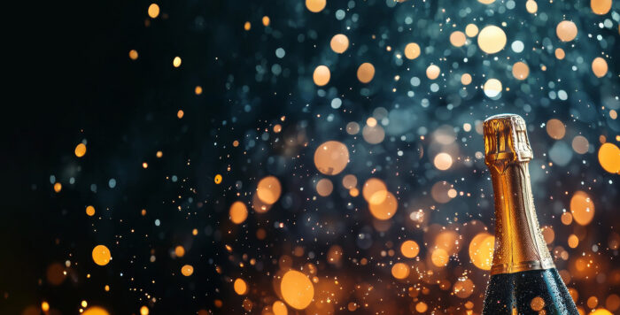 Champagne bottle with gold foil popping open, surrounded by sparkling golden and orange festive lights—perfect for a Champagne Party or as a customizable poster banner background. A1 to A4 print sizes.